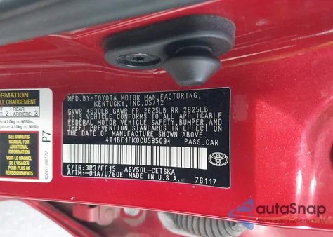 2012 Toyota Camry Se из США, поврежденный, VIN 4T1BF1FK0CU585094